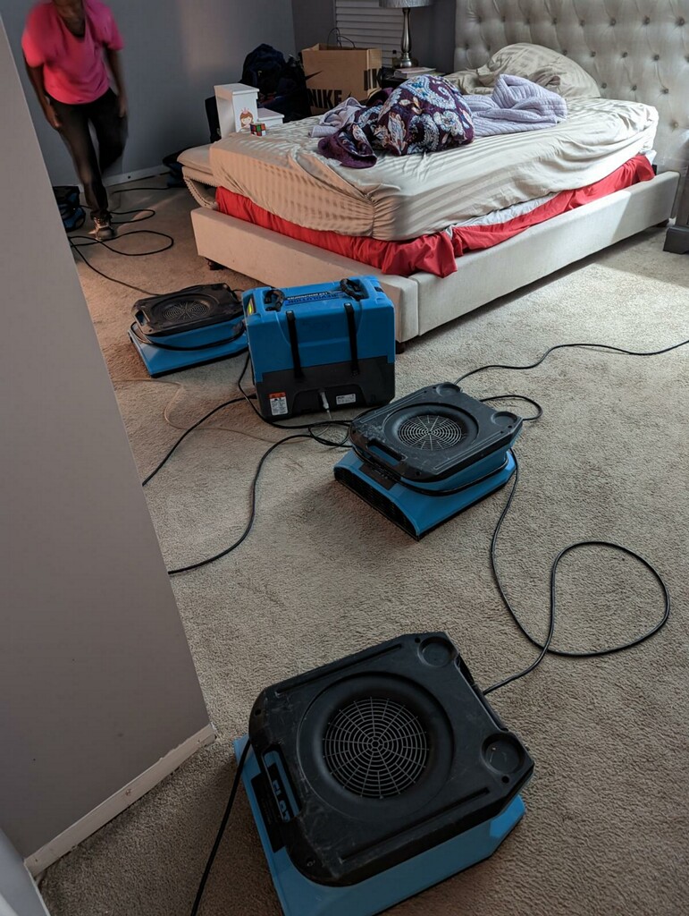 running four blue dehumidifiers in a College Park bedroom after extracting flood water