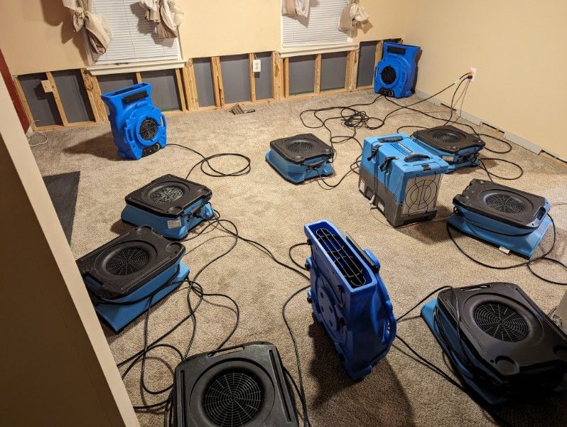 11 dehumidifiers deployed for a flood restoration job in Bowie, Maryland. 