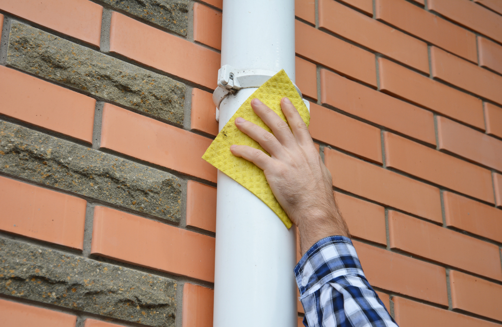Man-cleaning-white-roof-gutter-downspout-pipe