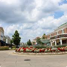Shopping center street with landscaped flower beds.