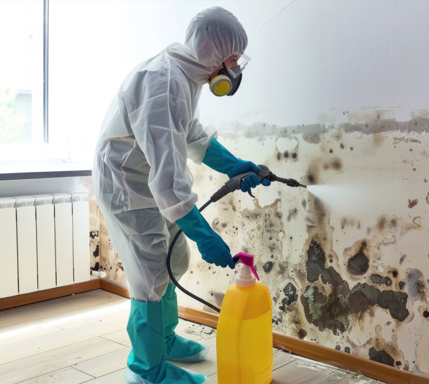 Worker wearing protective gear cleaning mold from an indoor wall.