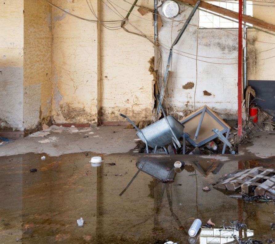 Flooded interior space with standing water and debris.