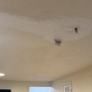 Ceiling showing water damage and peeling paint.