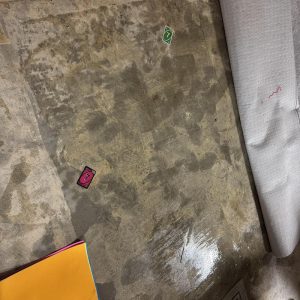 Concrete floor with moisture stains during cleanup.