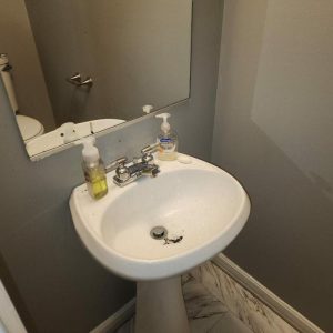 Bathroom sink and pedestal with mirror after water damage repair and cleanup