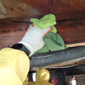 Technician wiping wooden beam in crawl space during mold and contamination cleanup work