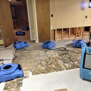 Flooded basement cleanup with air movers and dehumidifier drying subfloor and exposed wall framing