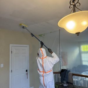 Technician in protective suit cleaning a ceiling.