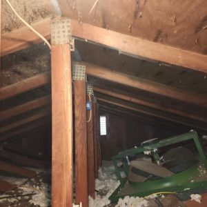 Attic space with exposed wooden beams and debris during inspection for moisture or mold damage