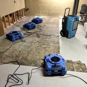 Basement water damage restoration with multiple air movers and commercial dehumidifier drying exposed flooring