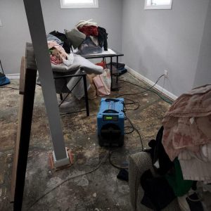 Dehumidifier drying flooded basement floor with removed carpet.