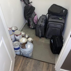 Standing water in a closet with paint cans and suitcases.