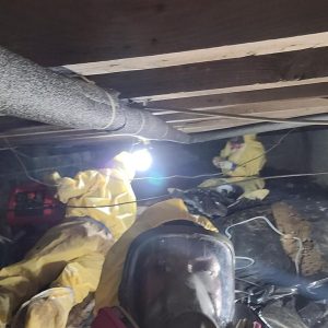 Crew in protective suits working in crawl space during sewage cleanup and structural remediation