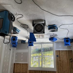 Basement structural drying setup with multiple air movers and dehumidifier mounted around a window during water damage restoration and moisture removal