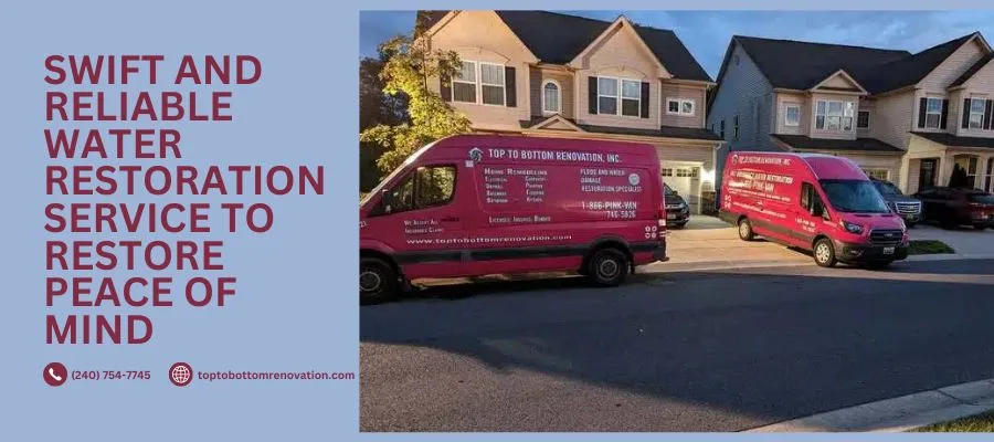 Water restoration service vans parked outside homes with service message banner.