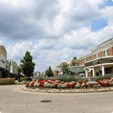 Shopping center street with landscaped flower beds.