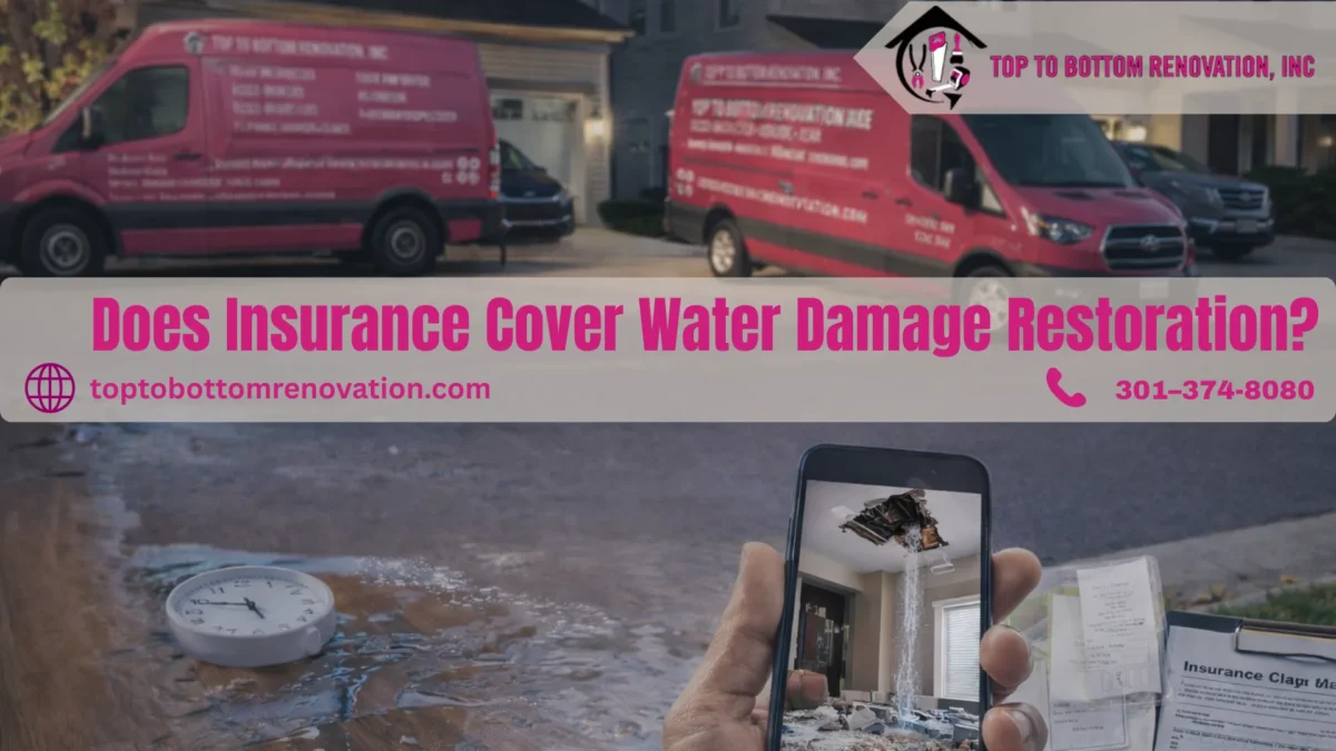 Top To Bottom Renovation banner about insurance coverage for water damage restoration with contact details